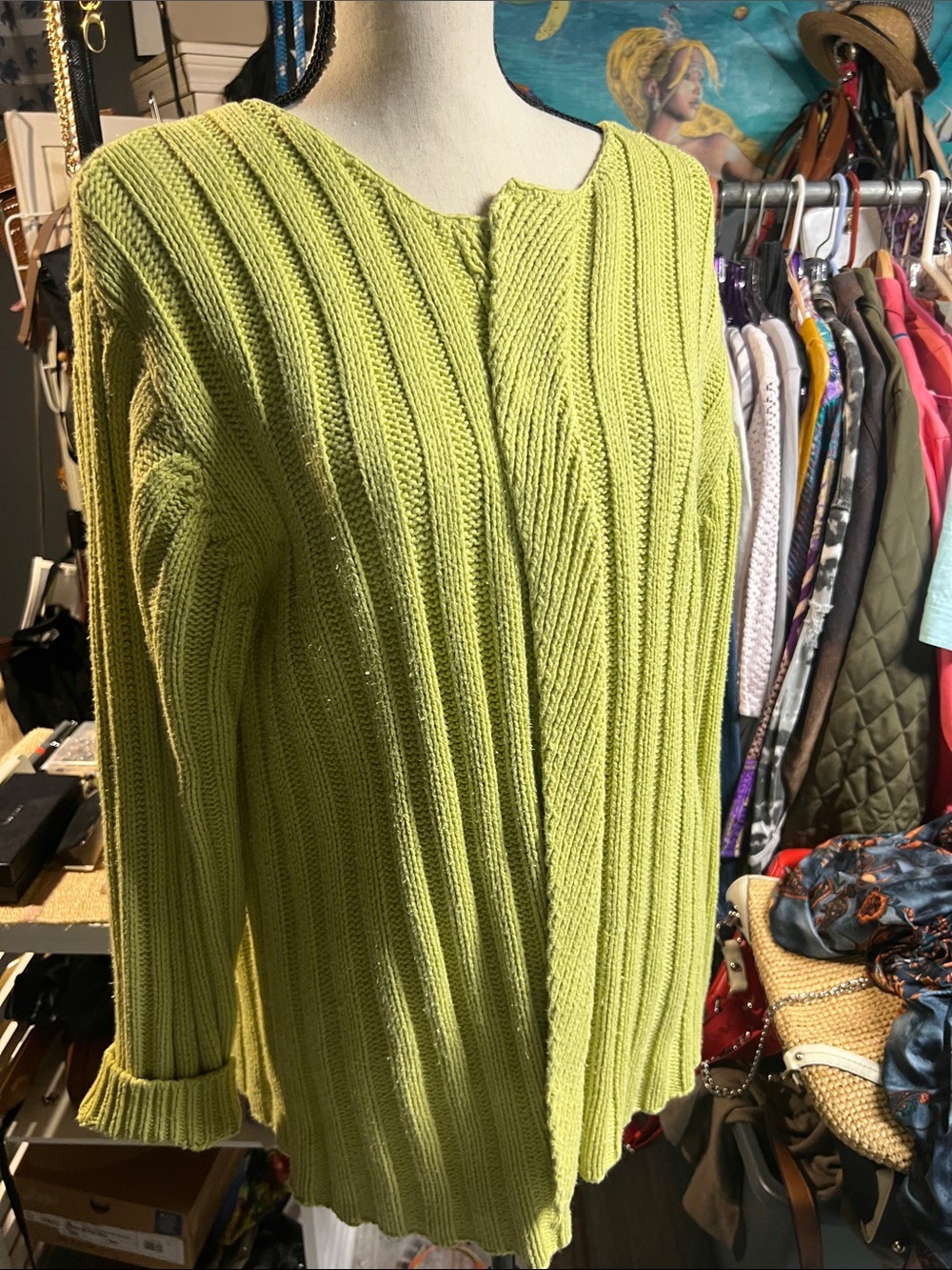 Ribbed Lime Green Open-Front Women's Cardigan